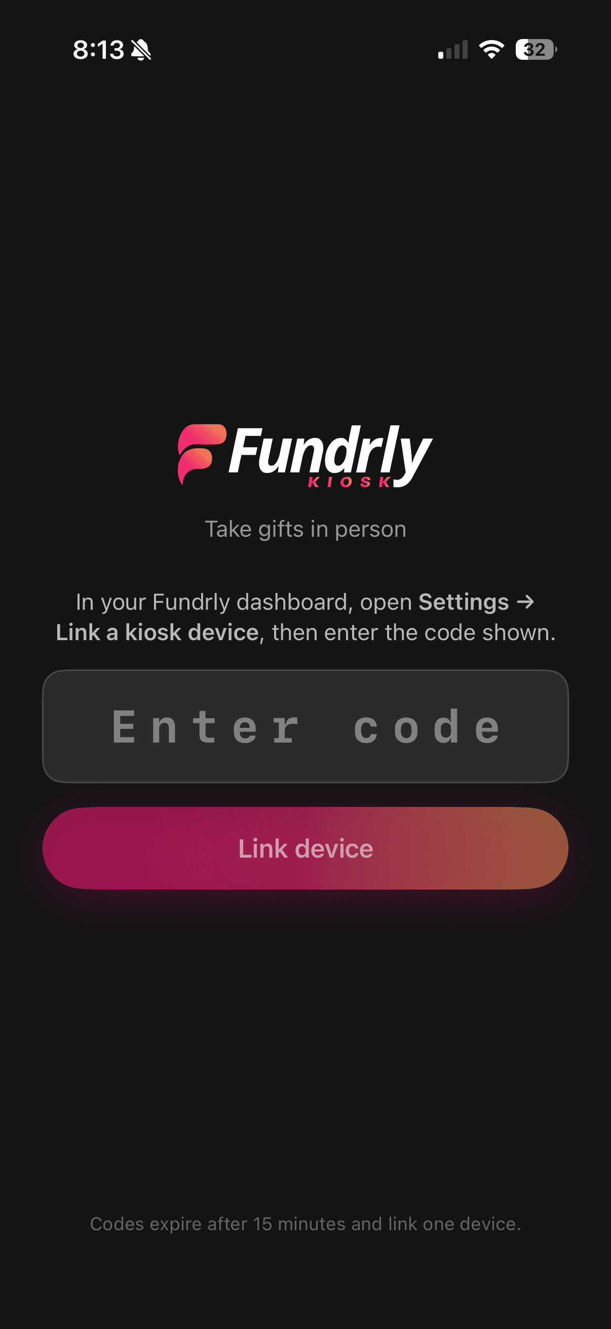 Linking a device in the Fundrly Kiosk app